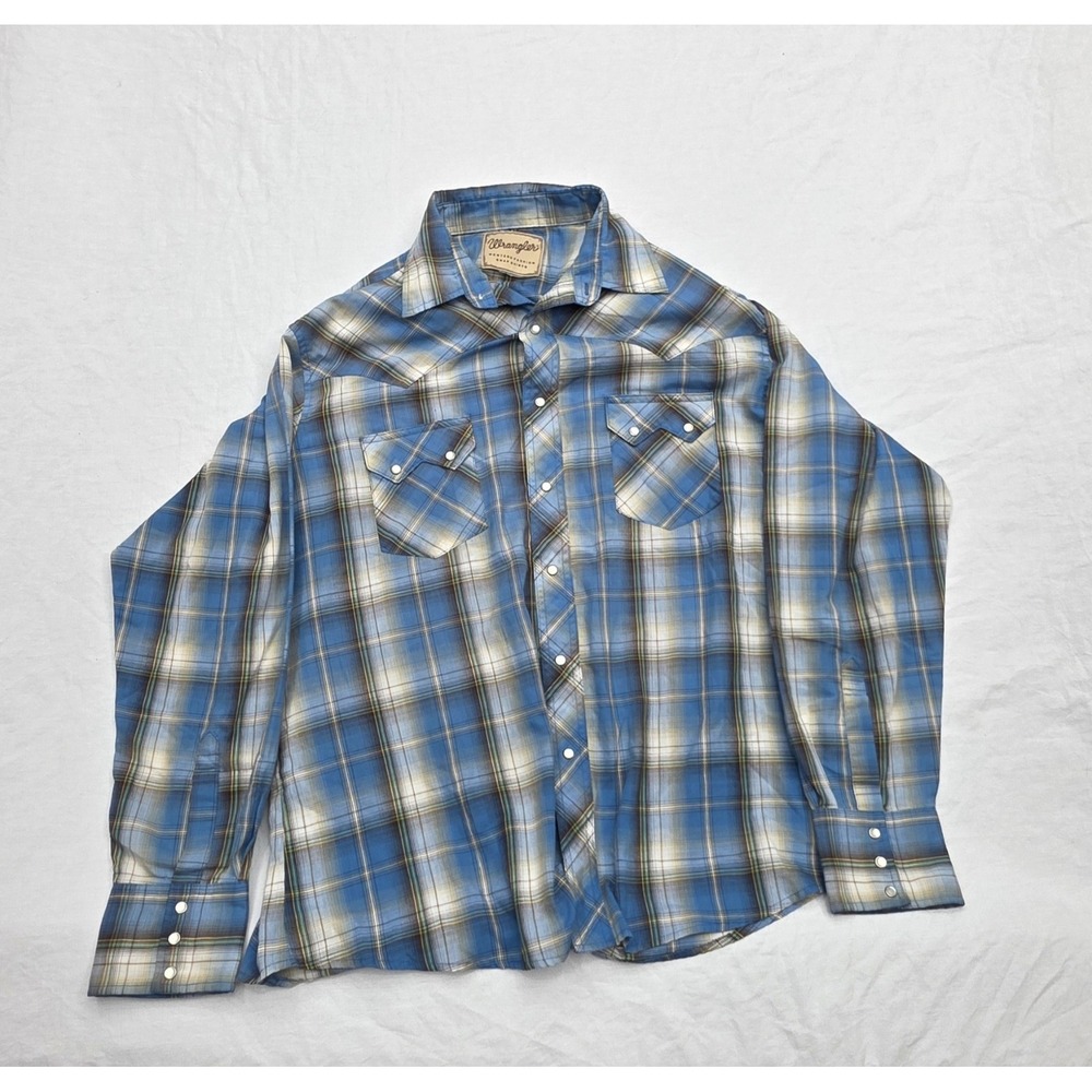 Wrangler Blue‎ Plaid Longsleeve Western Fashion Snap Button Shirt Size Unknown